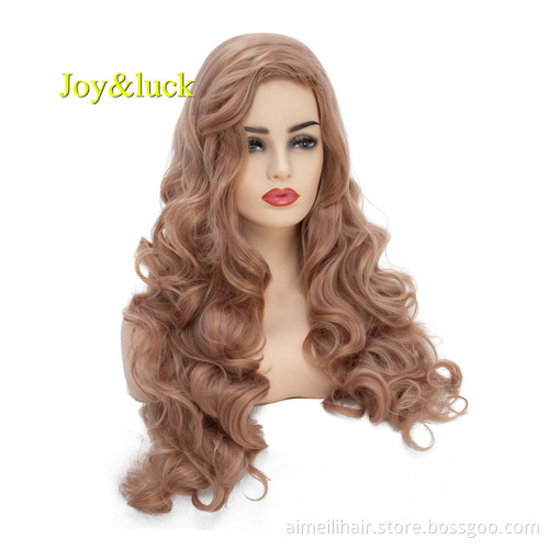 Long Rose Gold Color Natural Wavy Synthetic Wigs for Women or DIY Curly Wigs for Women Wave Hair Style
